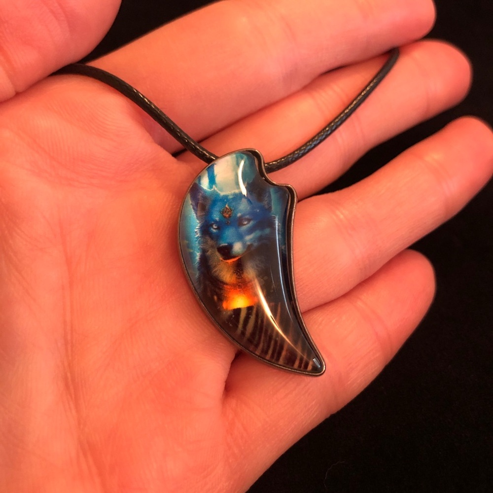 Mystical Blue and Gold Wolf Pendant Necklace
